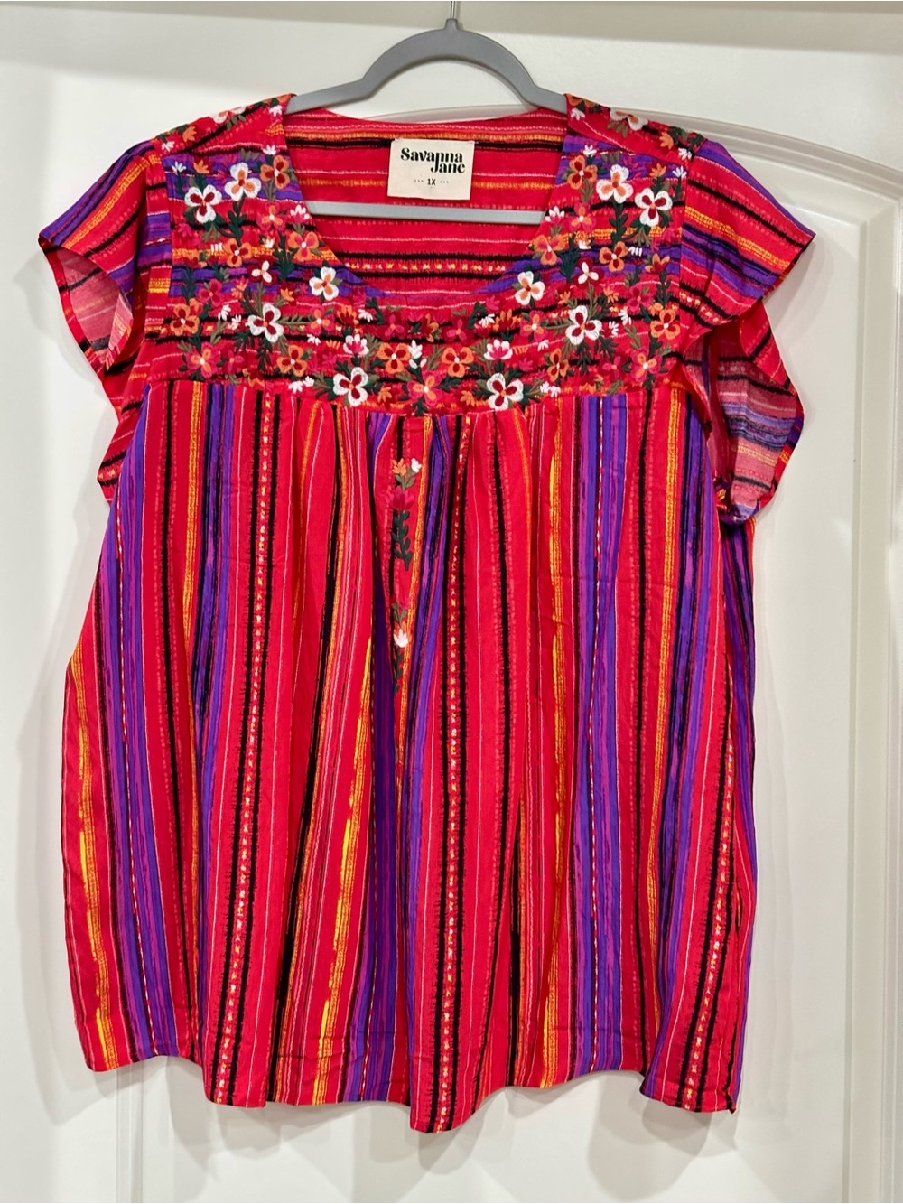 Savanna Jane Bright Red Striped Embroidered Boho Top